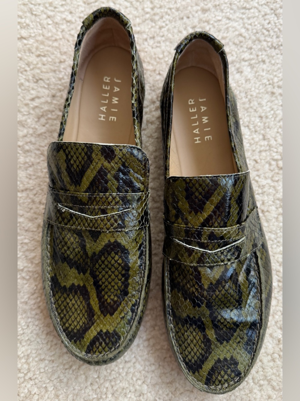 Jamie Haller Green Snake Print Loafers